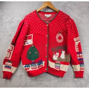 Sweater Loft Christmas Cardigan Cottage Grannycore Cats Ugly Vintage 80s Size L
